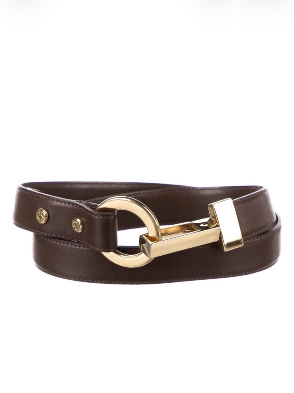 St. John Chocolate Brown Leather Belt with Gold Horsebit Accent